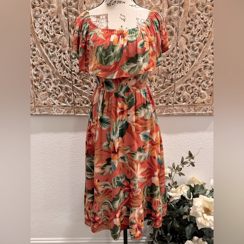 Forever 21 Tropical Hawaiian Ruffle Top, Smocked Waist, Midi Dress- size M